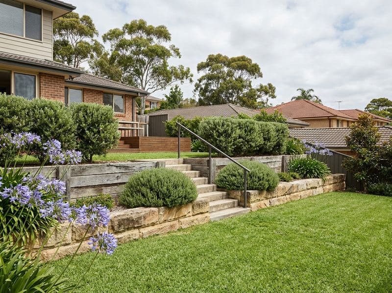 Sandstone-terraced garden with agapanthus and westringia cascading over retaining wall