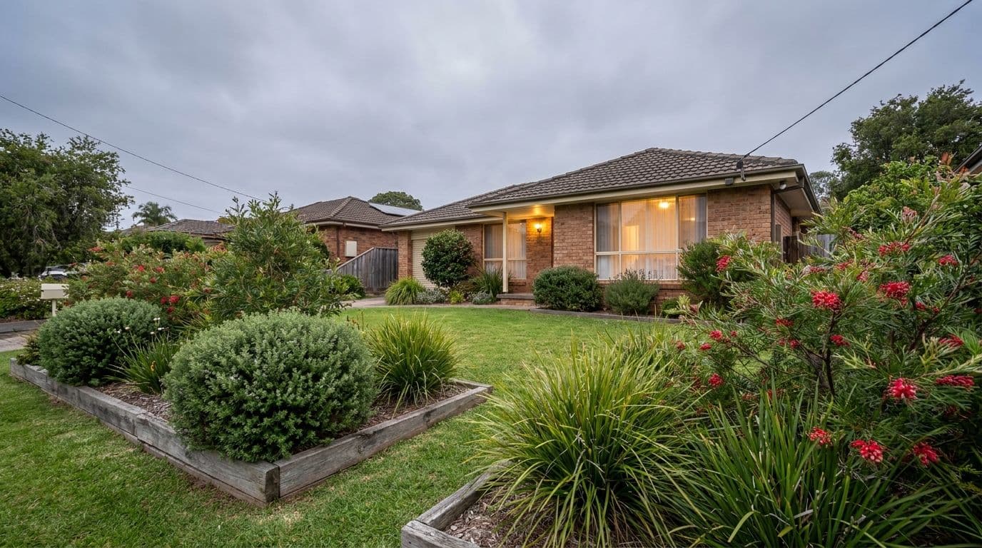 Northern Beaches residential garden at dusk with warm light glowing from house windows