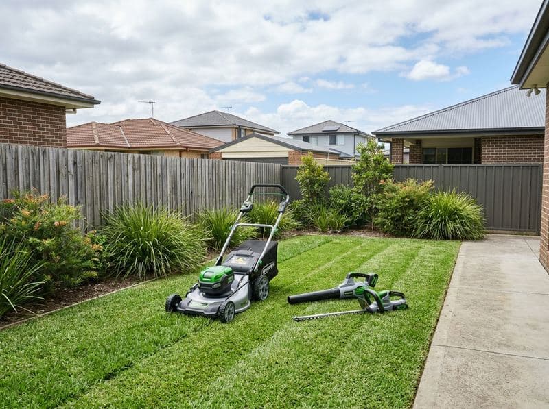 Battery-powered electric mower on a well-kept residential lawn with no exhaust fumes
