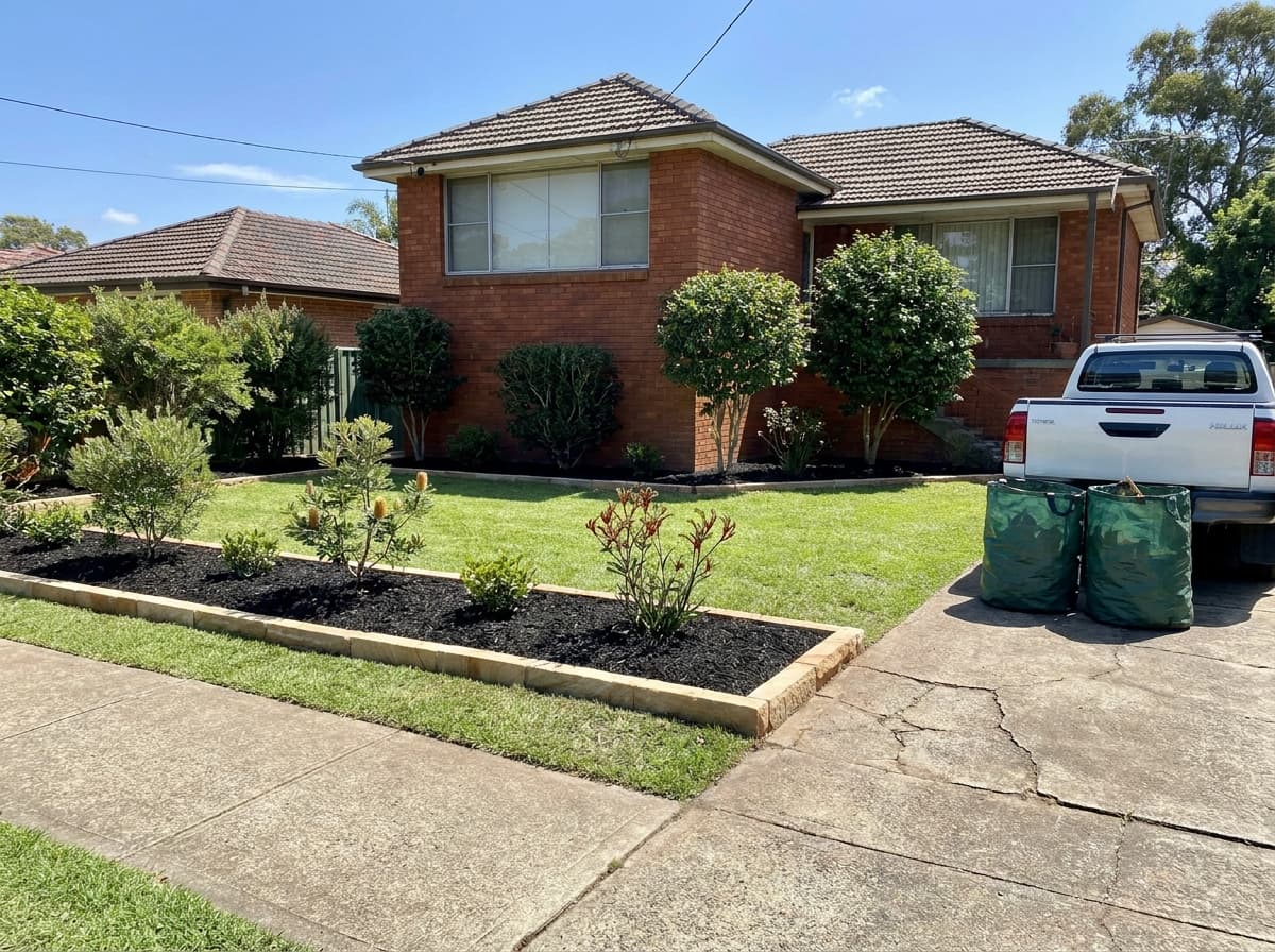 Freshly tidied suburban garden with cleared beds and neat edges ready for sale
