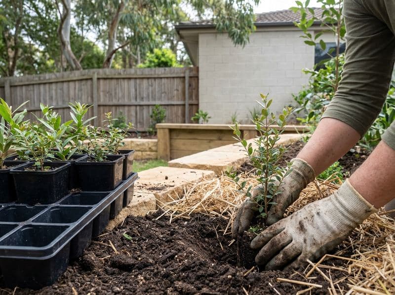 Hands placing a native seedling into prepared garden soil with mulch
